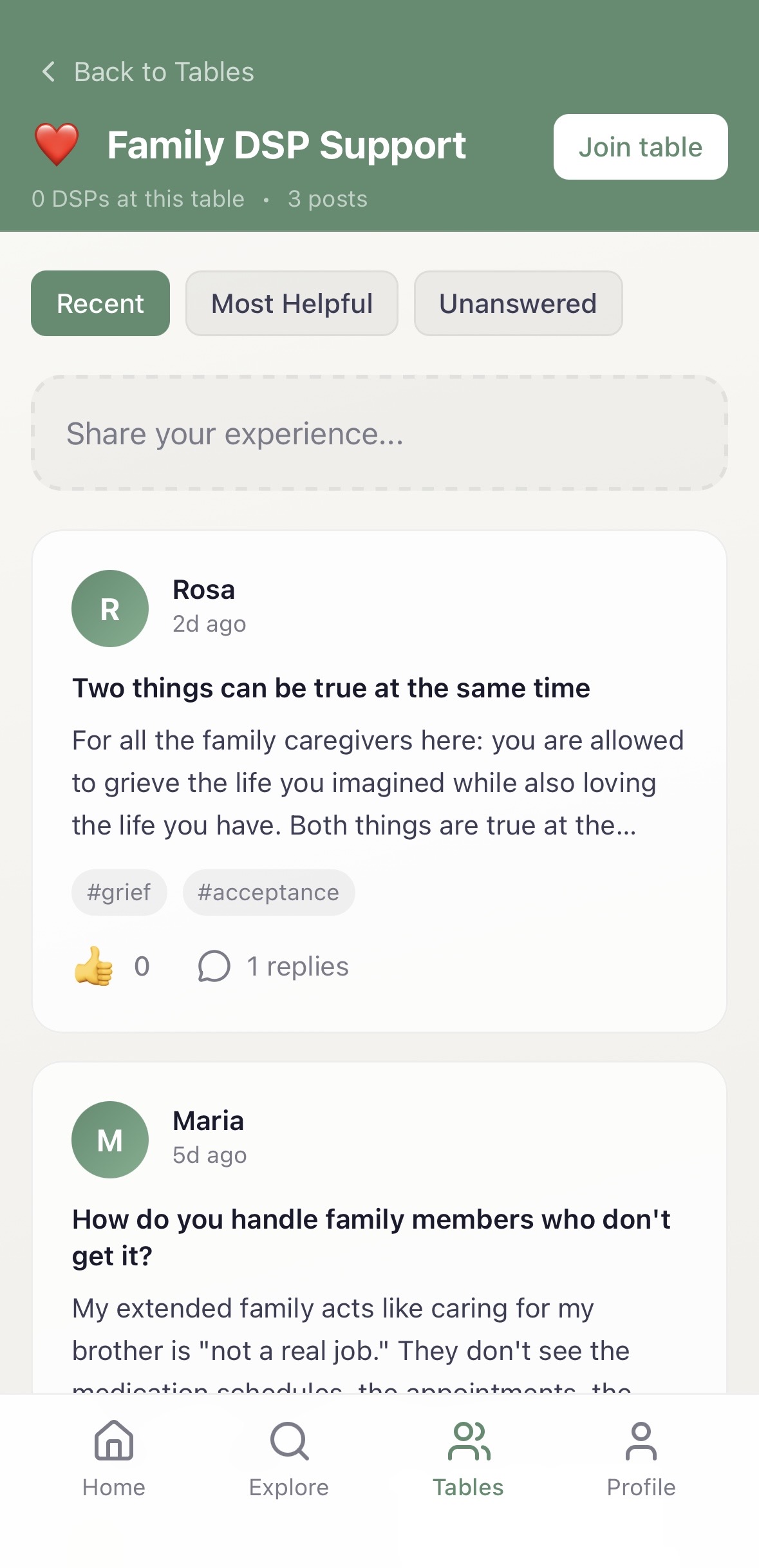 Community Tables screen